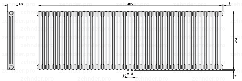 Схема (чертеж) Радиатор Zehnder Charleston 3200/50 №5410 Белый глянцевый RAL 9016
